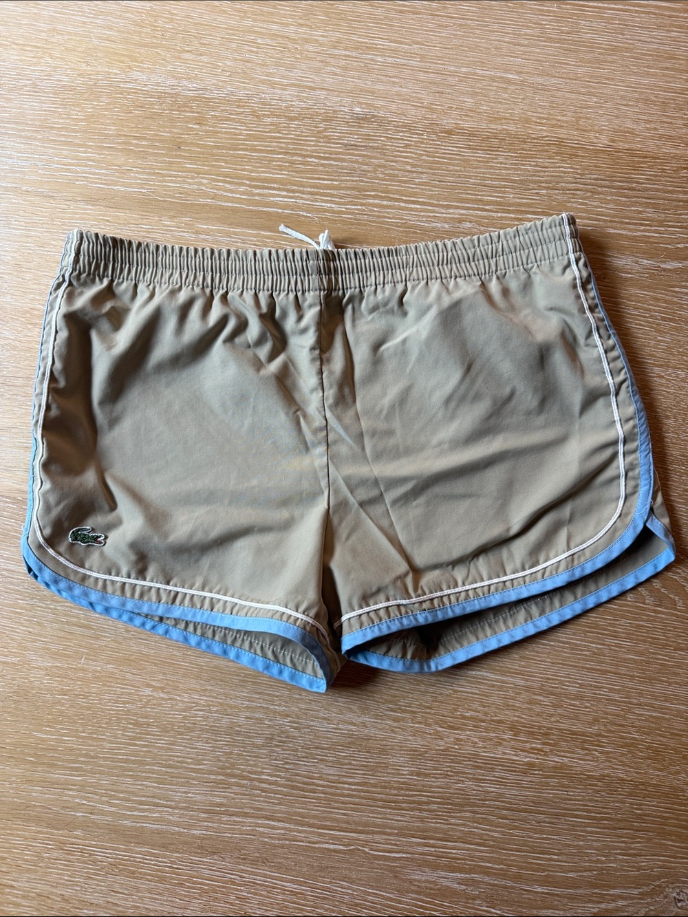 Lacoste 80s/90s Lined Khaki Athletic/Swim Shorts with Light Blue Trim